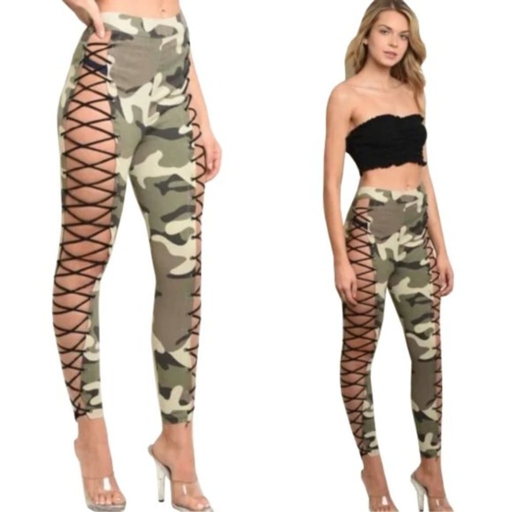 Hot & Delicious Camo Lace-Up Skinny Jumpsuit Leggings - Green/Tan/Black
